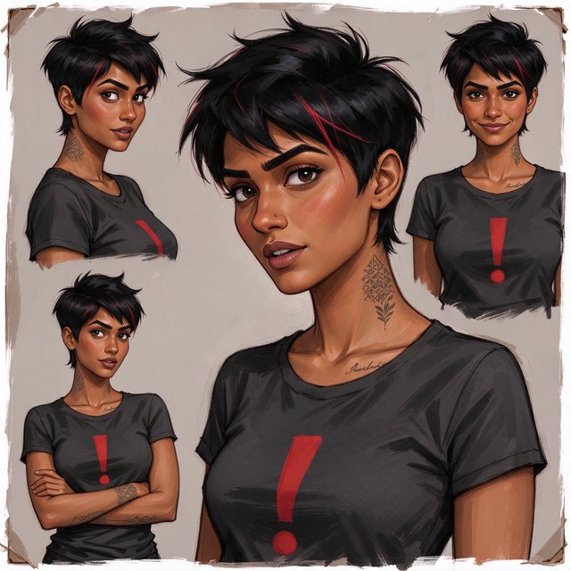 Character exploration sheet of the same 25-year-old Indian woman in several bust and waist-up studies, varied expressions and three-quarter views, one larger central portrait. Warm brown skin, black pixie haircut with red streaks, tattoos, tight T-shirt bearing an exclamation mark (!). Plain warm light-gray background, irregular painted edges. Stylized semi-realistic digital painting with animation-inspired proportions, large expressive eyes, strong brows, simplified anatomy and convincing volume. Minimal linework, soft blended facial shading, broad angular brushstrokes on clothing. Luminous warm brown skin with terracotta undertones, subtle blush, restrained highlights. Hair painted in sculpted masses with broad highlights and fine flyaways. Muted charcoal and earthy neutrals, soft directional studio lighting, detailed eyes and lips, loose edges and unfinished brushwork. — Seedream 5.0 Flash