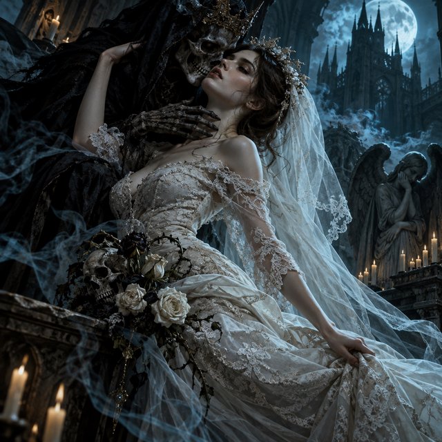 Baroque-style digital dark fantasy and cinematic Gothic horror; painterly realism, chiaroscuro à la Caravaggio; cool color palette of blues and turquoises, deep black shadows; swirling magical smoke, dynamic diagonal composition; intricate lace fabrics, detailed skin and creature textures; volumetric lighting, elegant, fluid movement; fantasy book cover illustration; dramatic storytelling, atmospheric depth. Gothic bride — GPT Image 2.5 Sunburst
