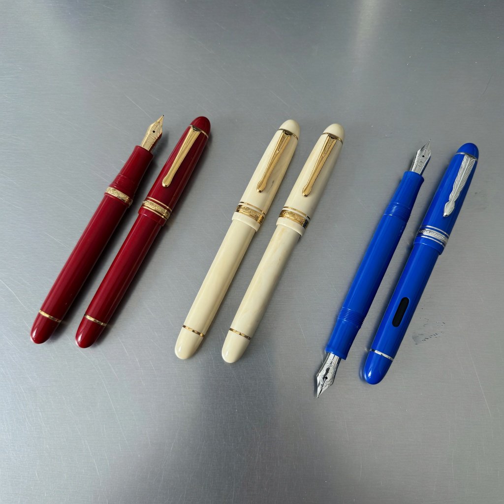 Across a brushed steel counter, exactly six fountain pens rest in three groups: two crimson pens on the left, two ivory pens in the center, and two cobalt pens on the right; nothing else. — Grok Imagine Image Quality