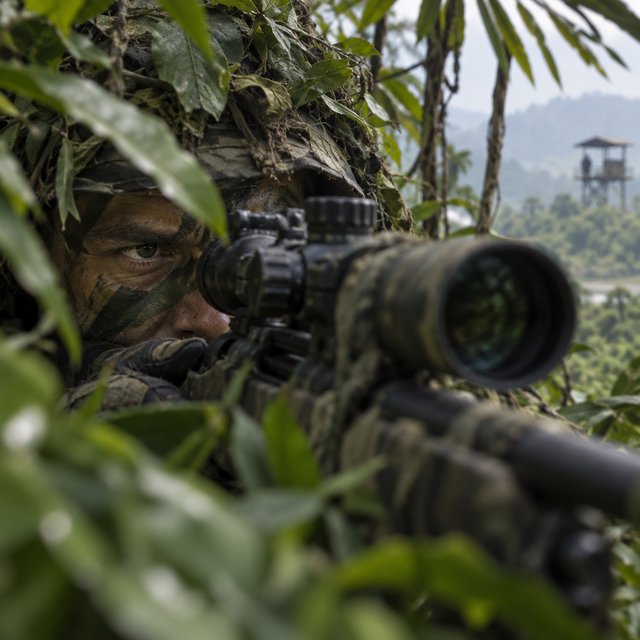 An adult sniper concealed in dense jungle foliage, aiming at a distant target, with a close-up view of his focused face. — GPT Image 2.5 Sunburst