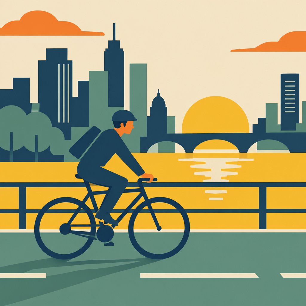 Flat vector illustration of a cyclist commuting through a city at sunrise, limited palette of five colours, geometric shapes. — GPT Image 2.5 Flare