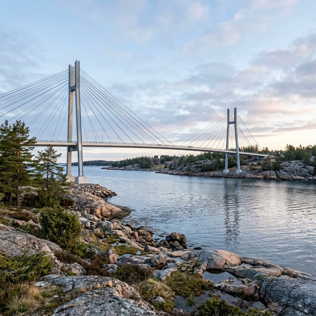 Across a sheltered coastal inlet, a contemporary high-tech cable-stayed bridge spans between granite shores, its slender steel pylons and pale concrete deck catching cool sunrise light; viewed from a rocky bank, straight lines and credible engineering define the scene. — Nano Banana 2.1