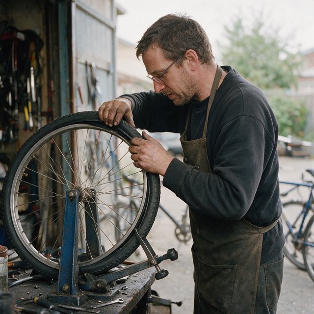 Candid documentary photograph of an adult bicycle mechanic repairing a flat tire outside a neighborhood workshop, soft overcast daylight, 35mm lens with moderate depth of field, greasy fingerprints, dust, and tiny metal shavings visible on the workbench. — Seedream 5.0 Pro