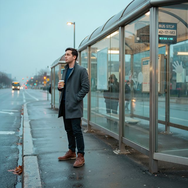 Candid documentary photograph of an adult waiting beside a city bus shelter at dawn, sodium streetlights fading into cool blue daylight, 50mm lens with shallow depth of field, fine rain droplets clinging to the shelter glass. — Ideogram v4