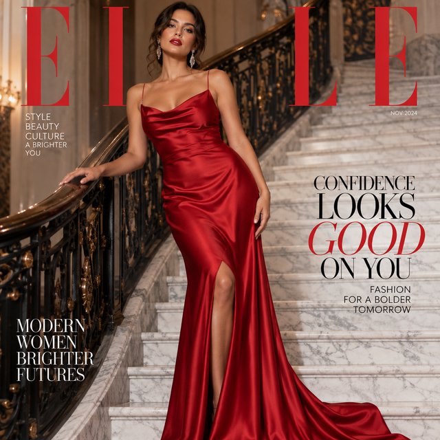 An adult woman in a floor-length red satin evening gown on a marble staircase, soft key light, confident pose, magazine cover style. — GPT Image 2.5 Sunburst