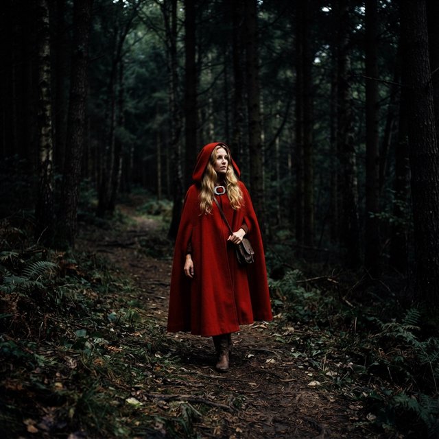 Medium shot at eye level: 1960s vintage film aesthetic. An adult woman with long, blonde hair walks alone through a dark forest. She wears a red hooded cloak, with the hood pulled up and fastened at the neck by a silver buckle. Photorealistic 1960s Technicolor film grain; soft, shallow depth of field. — Nano Banana 2 Lite