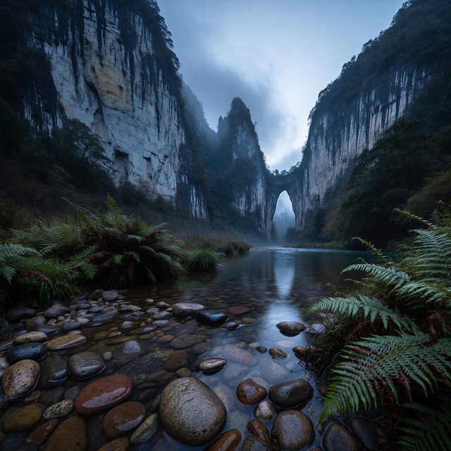A limestone karst valley at blue hour after a light shower, towering pale cliffs rising above a clear river, low clouds snagging on pinnacles, slick ferns and rounded pebbles leading toward a distant stone arch. — ImagineArt 1.5 Pro