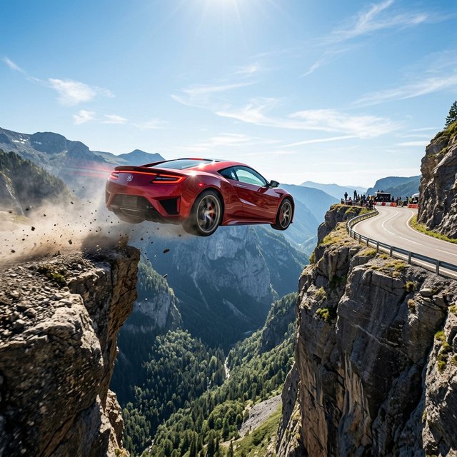 A sports car in a daredevil stunt has driven off a road from a high cliff, attempting to fly and land on the road on the next cliff. Beautiful mountainous background, sunny blue sky. Show motion, speed, and action. — Nano Banana 2.1
