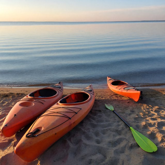 Exactly three orange kayaks rest on a sandy shore: two side by side in the foreground and one behind them near the water. A green paddle lies to the right of the kayaks, nothing else. — ImagineArt 1.5 Pro