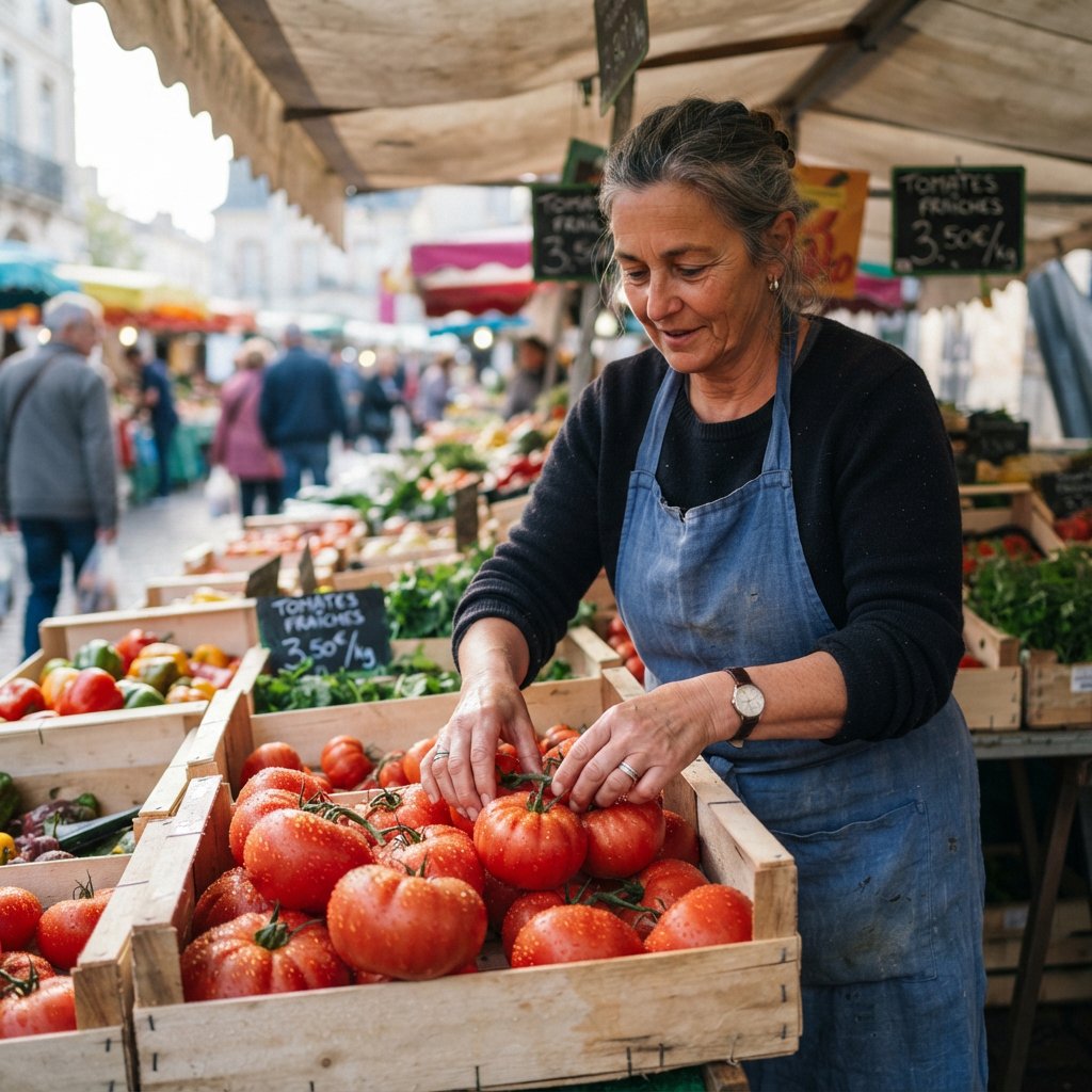 Candid documentary photograph of an adult market vendor arranging ripe tomatoes at an outdoor produce stall, cool early-morning side light, 50mm lens with shallow depth of field, condensation droplets beading on the tomato skins. — Nano Banana 2 Lite