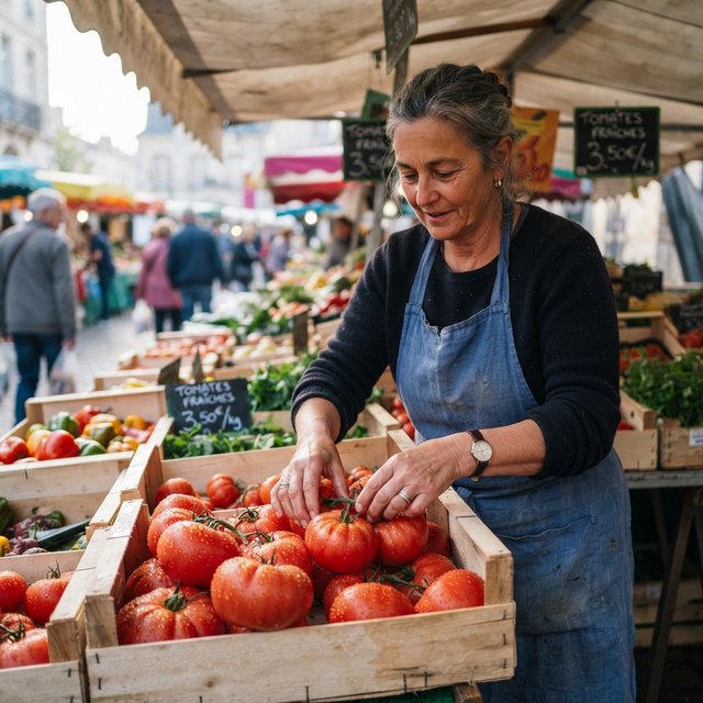 Candid documentary photograph of an adult market vendor arranging ripe tomatoes at an outdoor produce stall, cool early-morning side light, 50mm lens with shallow depth of field, condensation droplets beading on the tomato skins. — Nano Banana 2 Lite