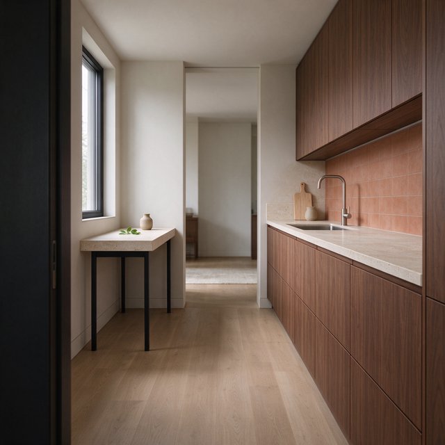Along a galley kitchen, flat-front walnut cabinets meet pale limestone counters and a matte terracotta backsplash in restrained Scandinavian modern style; soft north-window daylight reveals the worktop from the doorway, with clean aligned lines and believable supports. — Model 19