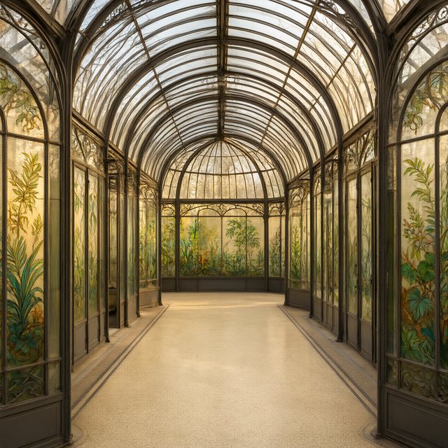 Interior of an Art Nouveau winter garden, curved iron ribs, cream terrazzo floor, hand-painted botanical glass panels, filtered late-afternoon sunlight, viewed from the entrance along the central axis, elegant geometry and believable load-bearing structure. — Qwen Image 3.0