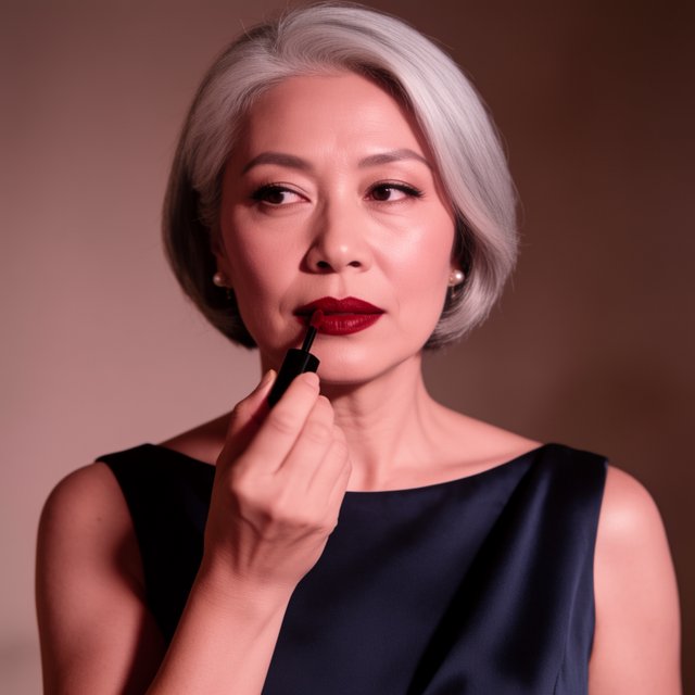 A silver-haired adult woman in a midnight-blue evening gown pauses with lipstick freshly applied, her composed gaze turned slightly aside; diffused rose studio light defines her face and shoulders, with restrained makeup and the polished finish of a fashion magazine. — Model 12