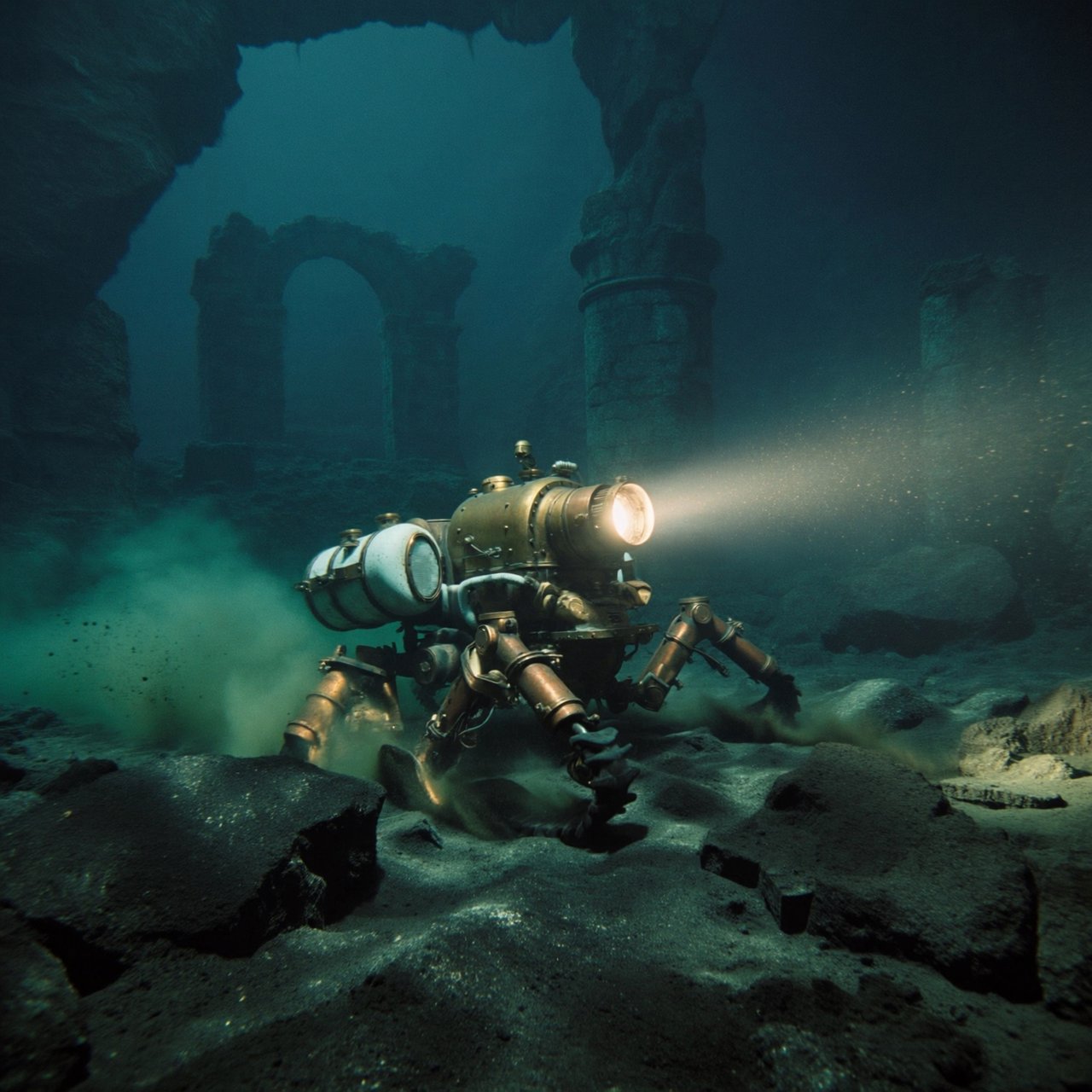 A brass-and-ceramic deep-sea crawler with arched pressure tanks trundles across the floor of a sunken obsidian caldera. Its searchlight cuts through green silt, revealing ruined stone arches far below the surface. — ImagineArt 2