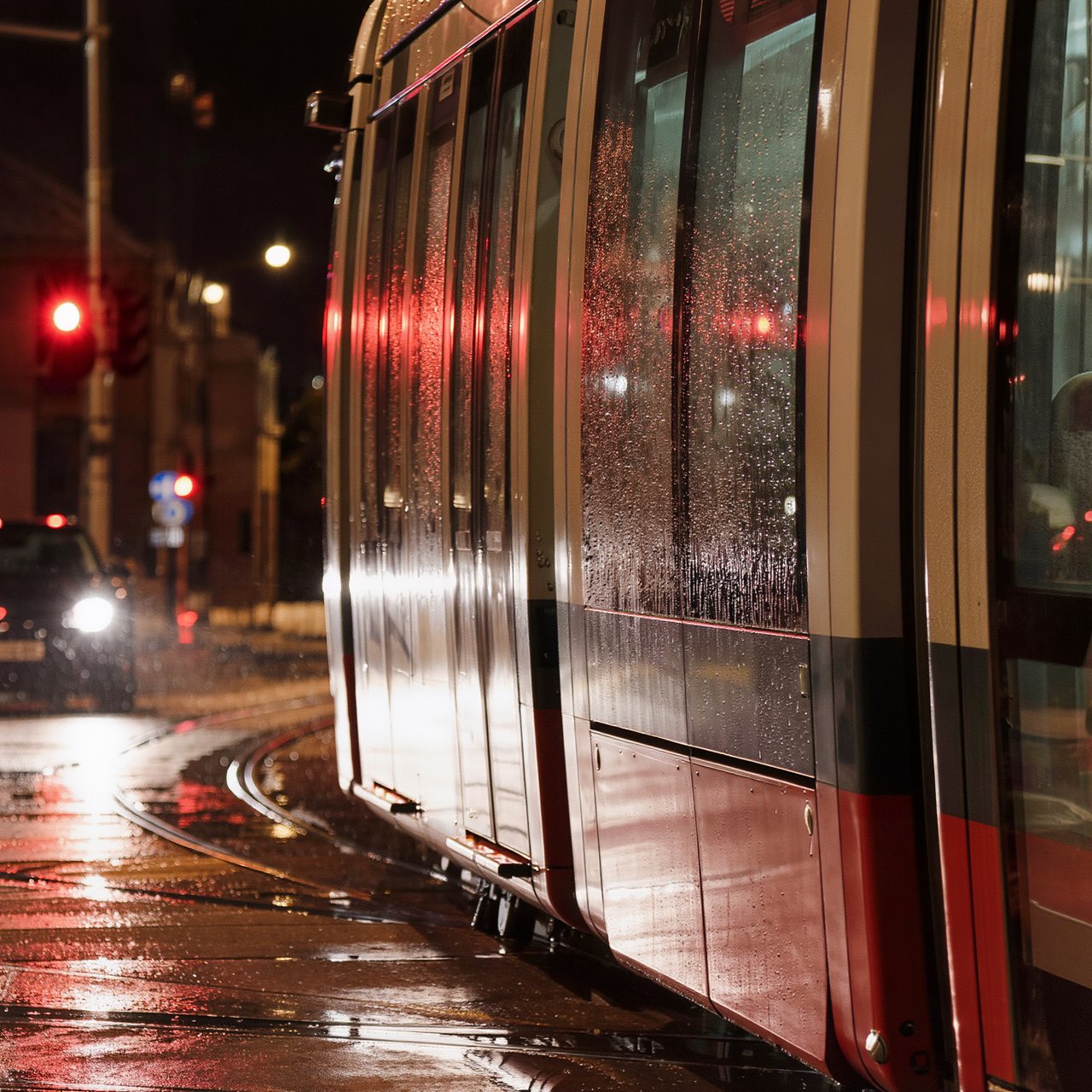 At a rain-darkened intersection, a tram grinds through a curve, its steel wheels shining beneath amber signal glow. A street-level news photo, shot on a 35mm lens with moderate depth of field, catches beads of water on the windows and slight wheel blur. — Kling v3