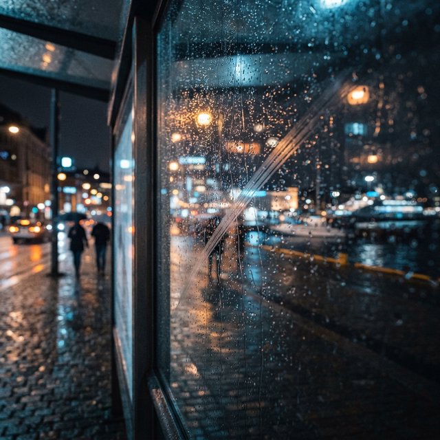 Raindrops crawl down a bus shelter pane, warping blurred harbor lights beyond. A handheld evening street snapshot in cool sodium glow, shot at 50mm with shallow depth of field, catches tiny water trails and a faint wipe mark. — Nano Banana 2 Lite