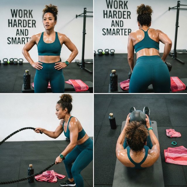A pretty adult mixed-race woman of Korean and Black heritage, wearing fitted gym wear. Scene: a heavy workout with sweat. POV: full front, back, side, and aerial views. Near her are a unique-looking water bottle, a diamond green watch, a pink and red towel, and text in the background that says “Work harder and smarter”. — Model 15