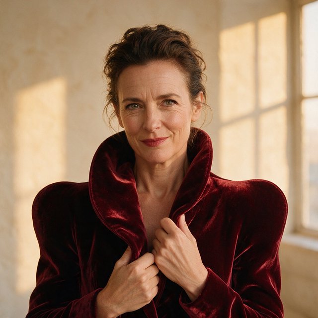 Fashion portrait of an adult woman in her early 50s wearing a sculptural burgundy velvet jacket, her hands lightly gathering its lapel. A wry, composed expression meets the camera against a warm ivory plaster backdrop, lit by soft late-afternoon window glow. — Seedream 5.0 Pro