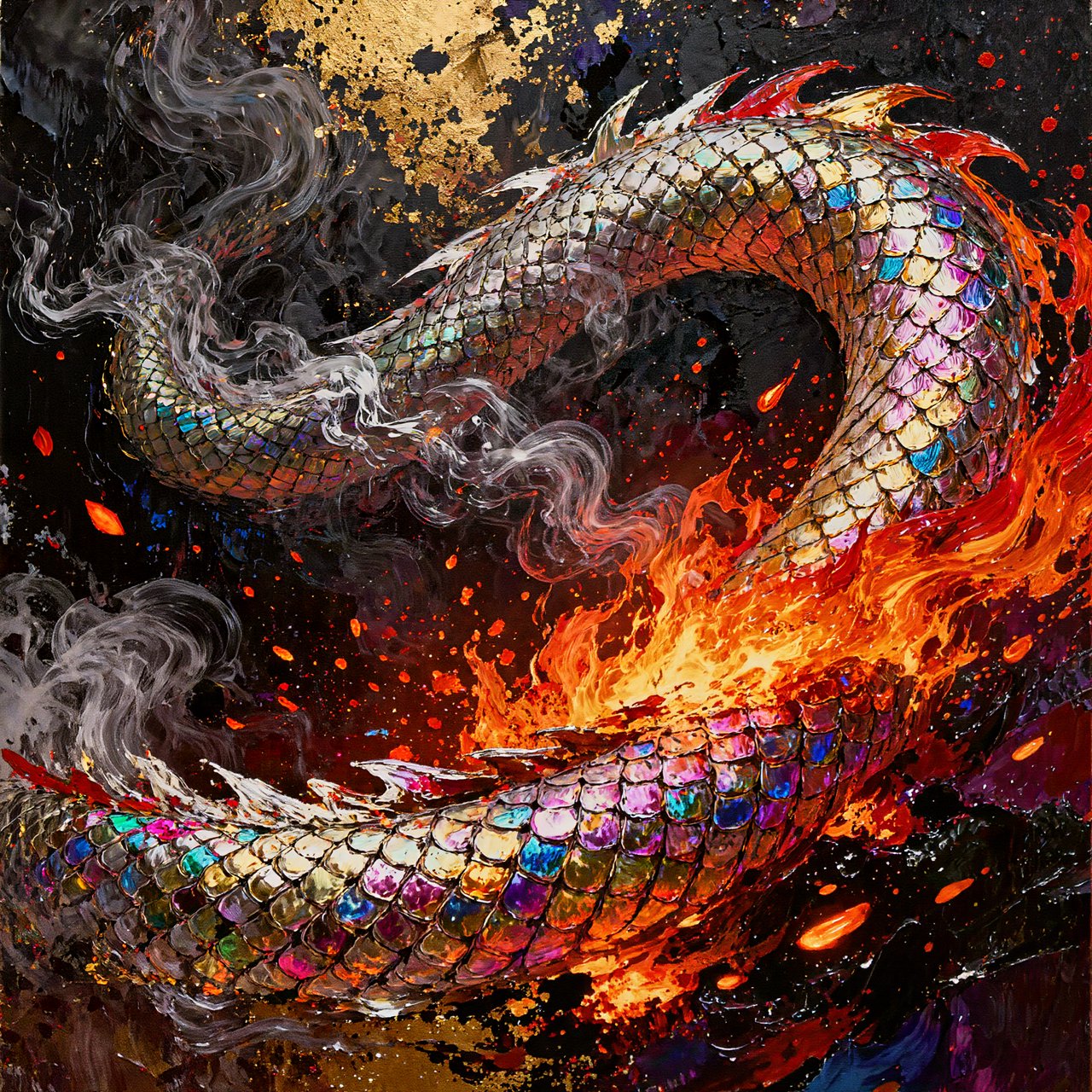 An abstract tapestry woven from the dreams of a sleeping dragon, depicted as a chaotic yet beautiful explosion of iridescent scales, fiery embers, and swirling smoke. The composition is dynamic and energetic, with bold brushstrokes and a rich, textured surface. The style is abstract expressionism, capturing the raw, untamed essence of draconic power. — Kling v3