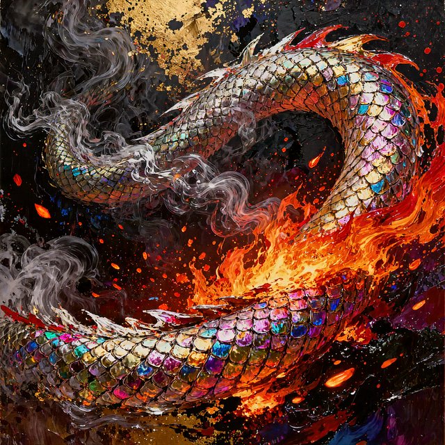 An abstract tapestry woven from the dreams of a sleeping dragon, depicted as a chaotic yet beautiful explosion of iridescent scales, fiery embers, and swirling smoke. The composition is dynamic and energetic, with bold brushstrokes and a rich, textured surface. The style is abstract expressionism, capturing the raw, untamed essence of draconic power. — Kling v3