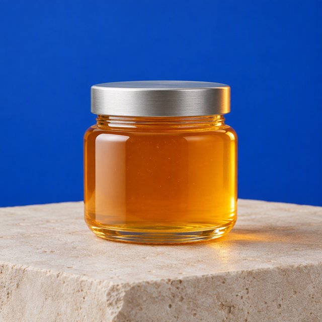 A squat unbranded honey jar with clear glass walls and a plain brushed-aluminum lid rests on honed pale limestone; broad diffused key light and warm rim light shape the commercial product image against a seamless cobalt-blue background, with no lettering. — Model 3