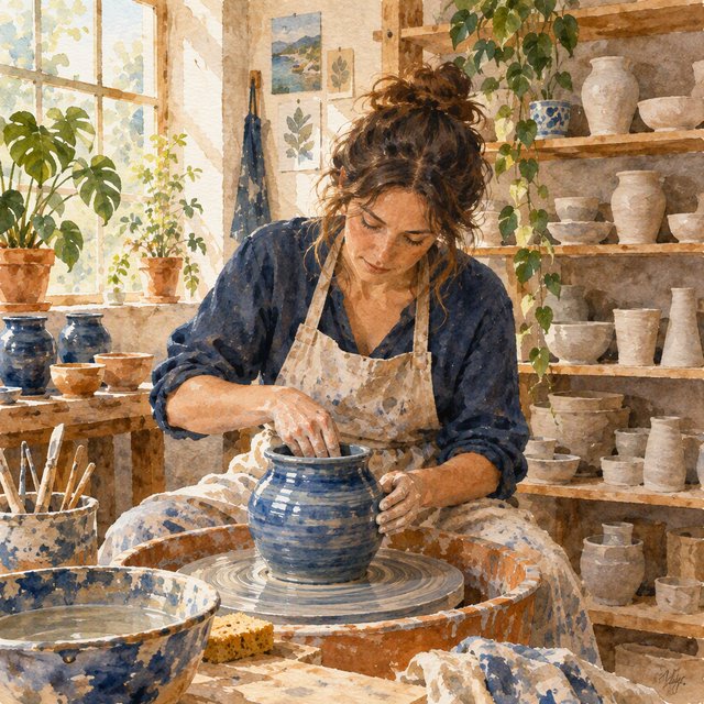 Watercolour illustration of an adult ceramicist shaping a blue-glazed vessel in a sunlit workshop, shelves of unfinished pottery and leafy plants softened by loose brushwork. Palette of terracotta, indigo, warm cream, and sage. — GPT Image 2.5 Flare