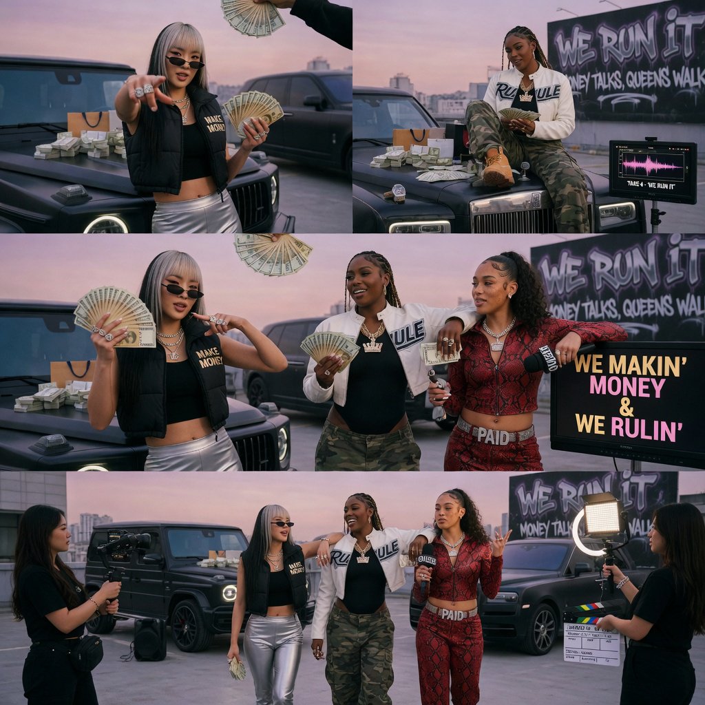 Realistic adult Korean, Black, and mixed-race female rappers filming a music video, all wearing fitted clothes. The music video is about how they are making money and are set to rule, with a really cool, laid-back vibe, shown from many angles. — Grok Imagine Image Quality