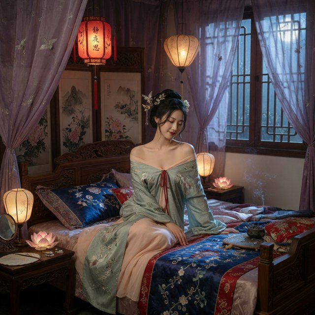 A beautiful adult Chinese woman in her 20s wearing an elegant, subtly sensual Song Dynasty–inspired hanfu with a loose off-shoulder neckline, gracefully exposing her shoulders and collarbones. She sits on an ornate wooden bed inside a refined ancient Chinese bedroom at night, surrounded by gauze curtains, carved screens and softly glowing lanterns. Moonlight filters through the lattice window, creating a romantic, intimate atmosphere. Luxurious silk fabrics, delicate hair ornaments, natural feminine pose, cinematic lighting, historically inspired details, tasteful and sophisticated. — Grok Imagine Image Quality