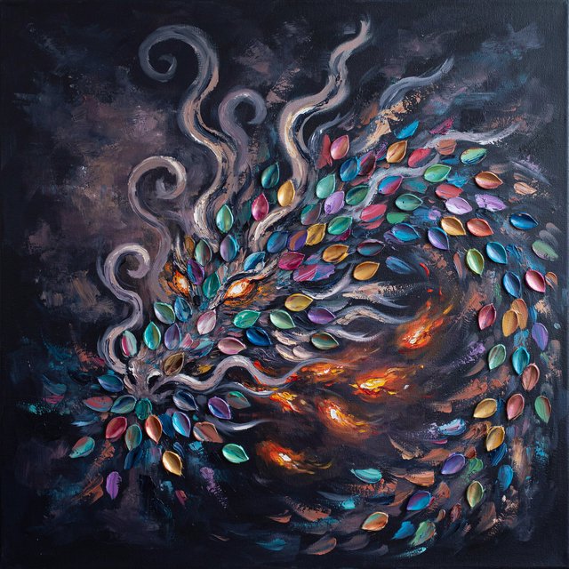An abstract tapestry woven from the dreams of a sleeping dragon, depicted as a chaotic yet beautiful explosion of iridescent scales, fiery embers, and swirling smoke. The composition is dynamic and energetic, with bold brushstrokes and a rich, textured surface. The style is abstract expressionism, capturing the raw, untamed essence of draconic power. — Ideogram v4.5
