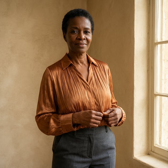 Portrait of an adult Black woman in her 50s wearing a pleated copper satin blouse and tailored charcoal trousers, her hands gently holding the blouse fabric, calm half-smile, warm plaster backdrop, late-afternoon window light grazing her face. — Qwen Image 3.0 Pro