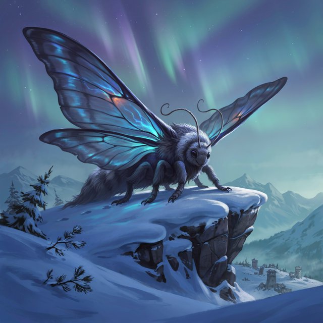 A colossal moon-moth leviathan rests atop a snowbound mountain ridge, its translucent wings veined with blue fire and its fur silvered by frost. Tiny abandoned watchtowers below emphasize its immense scale beneath an aurora-filled sky. — Ideogram v4