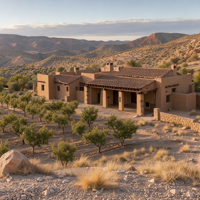 Beyond dry orchard rows, a Pueblo Revival adobe house settles into the desert foothills, with timber lintels and a muted clay roof; warm late-afternoon light, viewed from a rocky rise, reveals clean geometry and credible construction. — FLUX 3 Image Klein