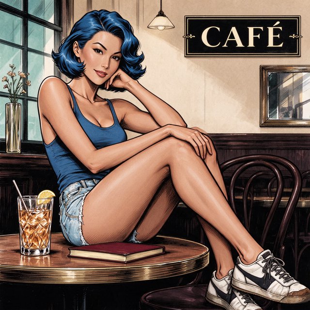 Classic American adventure-comic art with a strong 1930s–1950s pulp and Hollywood glamour influence. Exceptionally polished pen-and-ink draftsmanship, elegant controlled outlines, varied line weight, precise feathering, restrained crosshatching, and carefully placed solid blacks. Realistic but gracefully idealized anatomy, believable weight and balance, expressive naturalistic faces, and subtle character acting. Attractive characters with vintage glamour, sculpted features, and meticulously rendered hair. Strong three-dimensional form, convincing fabric folds, polished metal, leather, and other materials rendered with clarity and care. Romantic retro adventure atmosphere, richly detailed without clutter. Traditional hand-inked comic look, restrained flat colors. Avoid modern superhero exaggeration, extreme musculature, heavy digital rendering, and photorealism. A beautiful Asian woman sits at a cafe table, legs crossed. Blue tank top, torn shorts, sneakers, short bob hair dyed blue. — Model 19