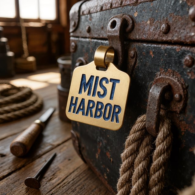 A brass luggage tag hangs from a weathered sea chest in a harbor loft, its face bearing “MIST HARBOR” in deeply stamped blue capitals; ropes and salt-crusted fittings surround it, with no other writing visible. — Kling v3