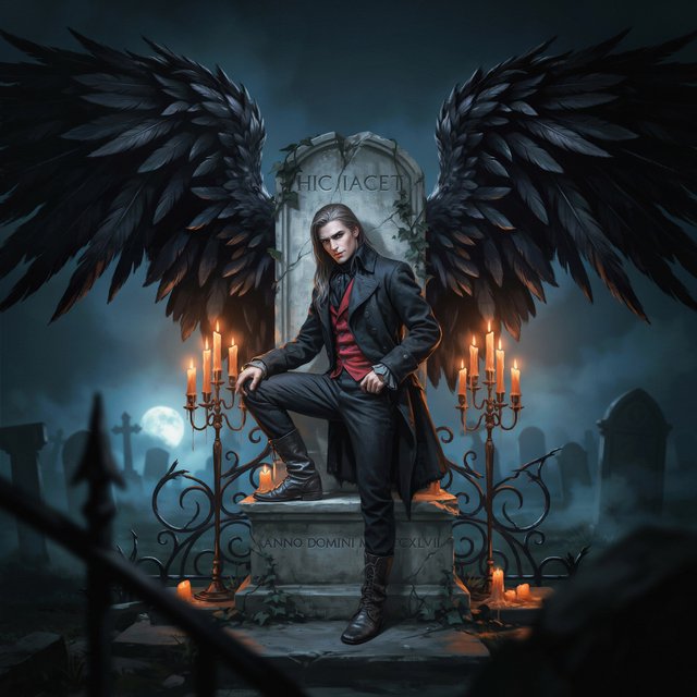 A majestic fallen angel with wings like a dark, tattered cloak, poses dramatically on a crumbling, Victorian-era inspired graveyard tomb, surrounded by twisted, black ironwork and flickering, orange candelabras, as if plucked from a haunting, nightmare. — Ideogram v4
