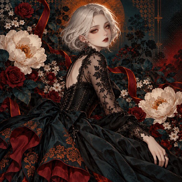 An elegant gothic woman sits sideways among oversized ivory blossoms, crimson roses, and dark teal foliage, turning toward the viewer with half-lidded amber eyes. She has a softly waved silver-white bob and a fitted black gown with lace, embroidered sleeves, and a sculpted corset. Deep-teal skirt folds reveal crimson lining and burnt-orange embroidery. Crimson ribbons with orange edging weave through the flowers, leaving breathing room around her pale face and hands. A deep-teal background fades into charcoal, with muted burnt-orange light behind her head, faint crimson haze below, and botanical shadows. Fine ordered dithering, delicate checkerboard patterns, and clustered pigment grains soften background transitions only; the woman and flowers remain smoothly painted. Crimson, deep teal, glowing orange, lacquer black, and warm ivory palette. Soft frontal fill, luminous hair, readable black fabric, subtle orange rim light, refined gothic anime, precise linework, dramatic floral framing — GPT Image 2.5 Sunburst