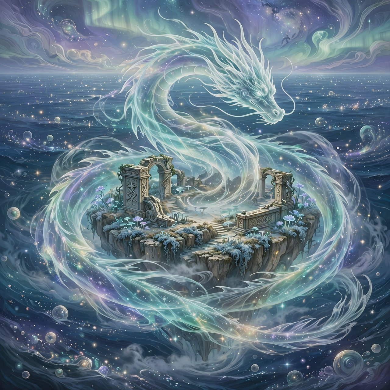 Whispers of mythic power coalesce into a spectral dragon, its form translucent and shimmering with auroral light, coiled around a floating island within a boundless celestial sea. Star-filled oceans stretch to the horizon, dotted with shimmering celestial bodies. The art style blends ethereal fantasy illustration with a subtle nod to ancient mythology, focusing on flowing lines and soft, glowing colors. The atmosphere is one of profound mystery and ancient magic. — Muse Image 1.0