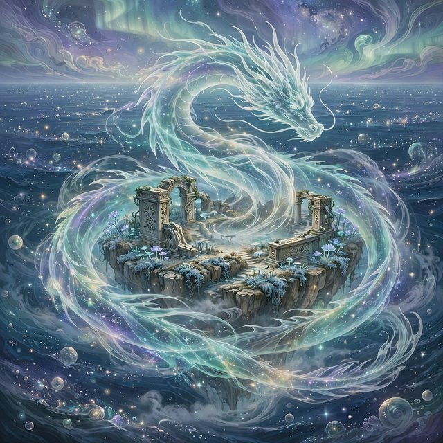 Whispers of mythic power coalesce into a spectral dragon, its form translucent and shimmering with auroral light, coiled around a floating island within a boundless celestial sea. Star-filled oceans stretch to the horizon, dotted with shimmering celestial bodies. The art style blends ethereal fantasy illustration with a subtle nod to ancient mythology, focusing on flowing lines and soft, glowing colors. The atmosphere is one of profound mystery and ancient magic. — Muse Image 1.0