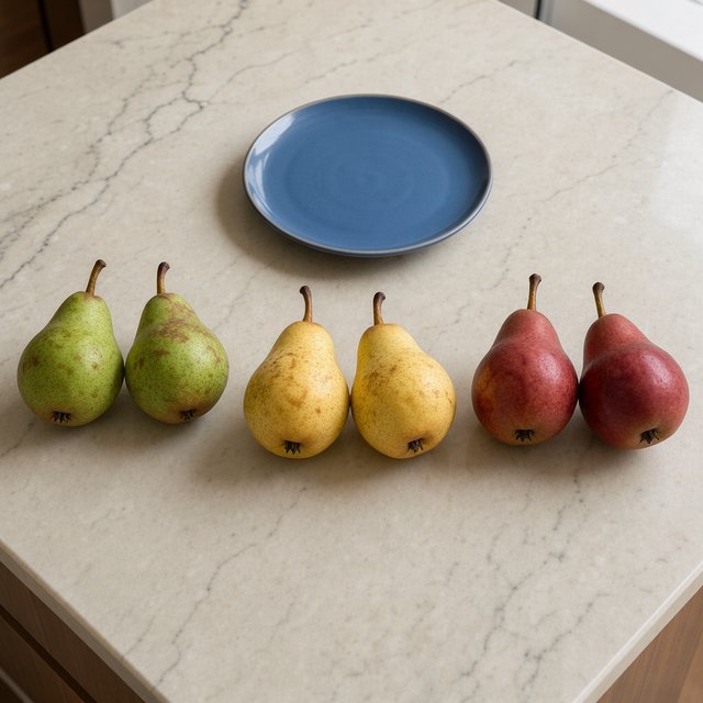 Exactly six ripe pears sit on a pale stone counter: two green pears on the left, two yellow pears in the center, and two red pears on the right. A small blue plate sits above the center pair, nothing else. — FLUX 3 Image