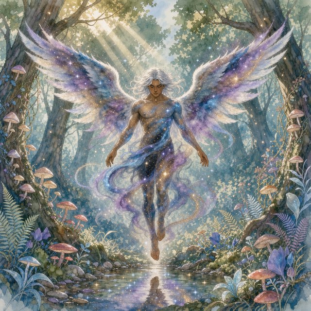 A lone angel with feathered wings, composed of swirling cosmic dust and nebulae, descends into a quiet, enchanted forest. Sunlight filters through the ancient canopy, illuminating wisps of mist and the vibrant, otherworldly plants below. The style is a fusion of hyper-detailed fantasy illustration and soft watercolor techniques, with the polished finish of concept art. — FLUX 3 Image