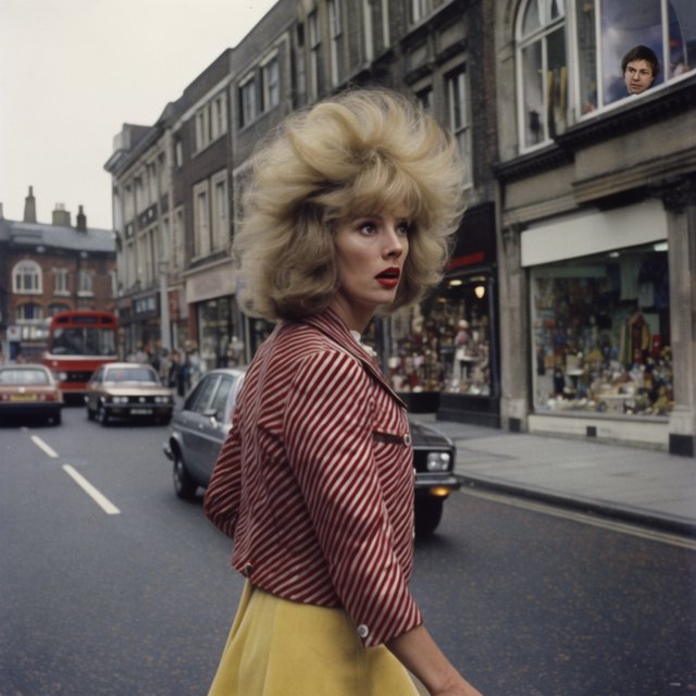 A glamorous woman walking down a busy UK high street in 1977. There are cars, buses and shops full of merchandise. Something surprising catches her eye. — Krea 2 Large