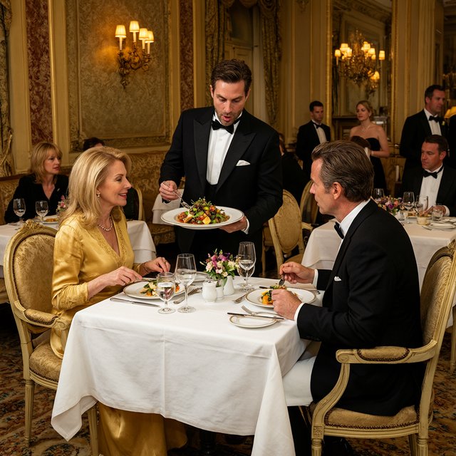 A very posh, well-lit 1990s restaurant with beautiful, tasteful decor. A husband and wife dine in a high-class restaurant. The waiter serves something very surprising as the main course! — Qwen Image 3.0 Pro