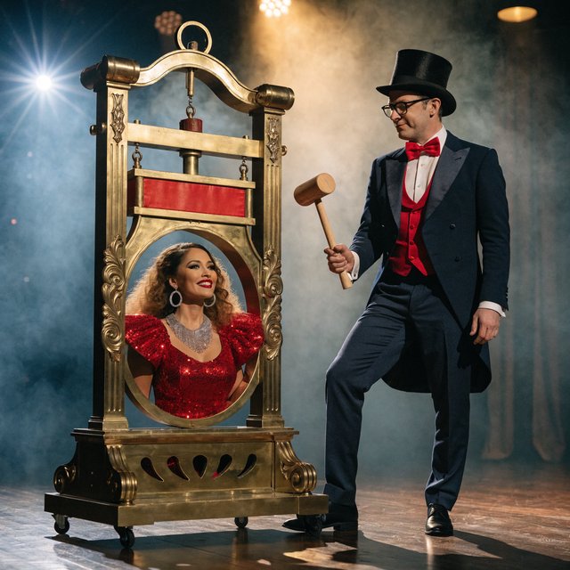 Well dressed stage magician performs the guillotine illusion using a beautiful glamorous adult female assistant. The smiling confident assistant has her head through the hole in the guillotine device. — Recraft v4 Pro