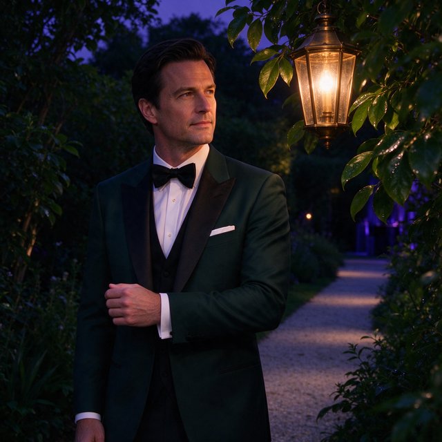 Along a garden path at violet dusk, an adult man in a midnight-green dinner suit adjusts one cuff beneath warm lantern glow, caught in a quiet pre-event pause with glossy leaves and elegant magazine polish. — Seedream 5.0 Flash