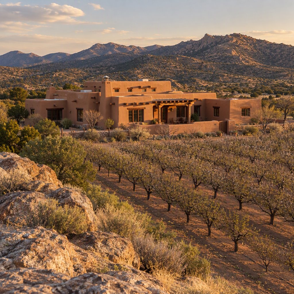 Beyond dry orchard rows, a Pueblo Revival adobe house settles into the desert foothills, with timber lintels and a muted clay roof; warm late-afternoon light, viewed from a rocky rise, reveals clean geometry and credible construction. — GPT Image 2.5 Flare