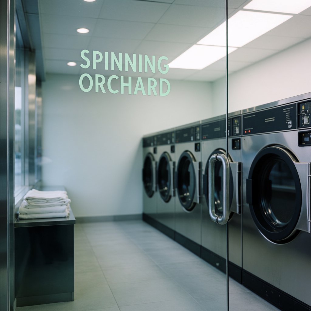 Inside a quiet neighborhood laundromat, chrome machines and folded linen glow beneath cool ceiling lights; "SPINNING ORCHARD" is printed in pale mint letters on the frosted glass entry door. — Krea 2 Medium