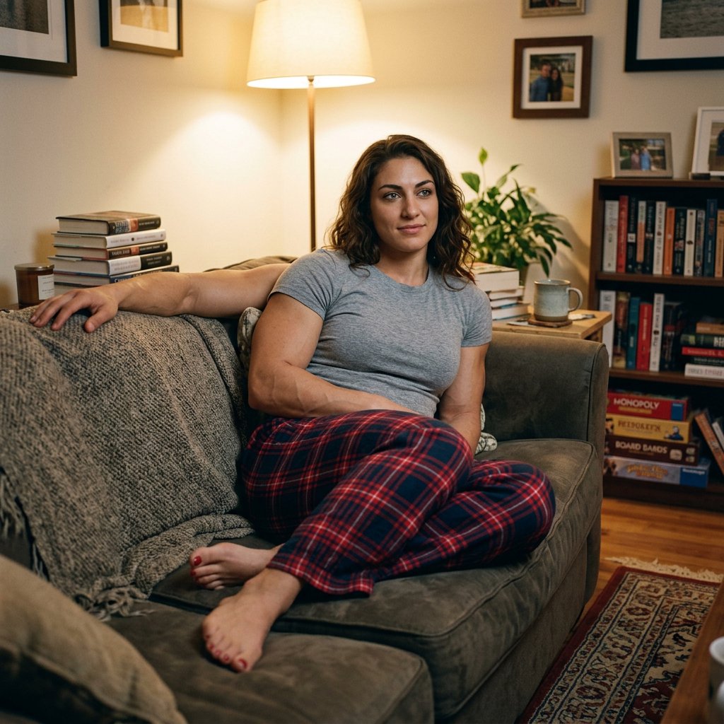 A 28-year-old, 6-foot-tall woman with wavy brunette hair falling just past her shoulders, olive skin, an oval face with soft angular cheekbones, and striking deep green eyes. She has a hyper-muscular, athletic physique built from intense heavy weightlifting and CrossFit — broad shoulders, defined arms, a strong back, and visible core and leg muscle definition — giving her a powerful, statuesque build. Her expression is relaxed and at ease. She lounges comfortably on a couch in her living room, wearing a soft fitted t-shirt and plaid pajama pants, barefoot with red-painted toenails. Warm evening lamp light, cozy lived-in living room background with a throw blanket and a few books on a side table, soft natural shadows, skin texture. — Nano Banana 2.1