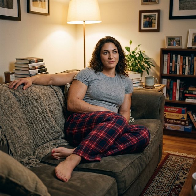 A 28-year-old, 6-foot-tall woman with wavy brunette hair falling just past her shoulders, olive skin, an oval face with soft angular cheekbones, and striking deep green eyes. She has a hyper-muscular, athletic physique built from intense heavy weightlifting and CrossFit — broad shoulders, defined arms, a strong back, and visible core and leg muscle definition — giving her a powerful, statuesque build. Her expression is relaxed and at ease. She lounges comfortably on a couch in her living room, wearing a soft fitted t-shirt and plaid pajama pants, barefoot with red-painted toenails. Warm evening lamp light, cozy lived-in living room background with a throw blanket and a few books on a side table, soft natural shadows, skin texture. — Nano Banana 2.1