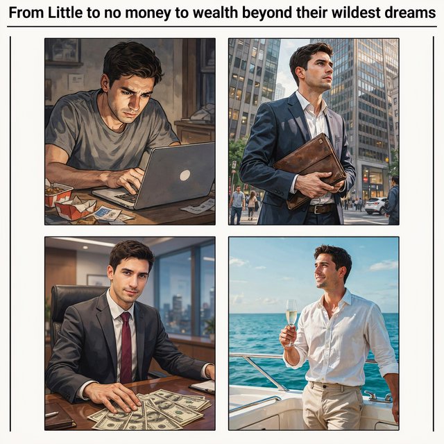 Realistic comic. At least 4 panels. It showcases 5 years of someone's life, from the first year, when they struggled to make money, to the fifth year, when they are worth millions to billions of dollars. Make sure money is seen at least once in the image. At the top, it says "From Little to no money to wealth beyond their wildest dreams". — Ideogram v4.5